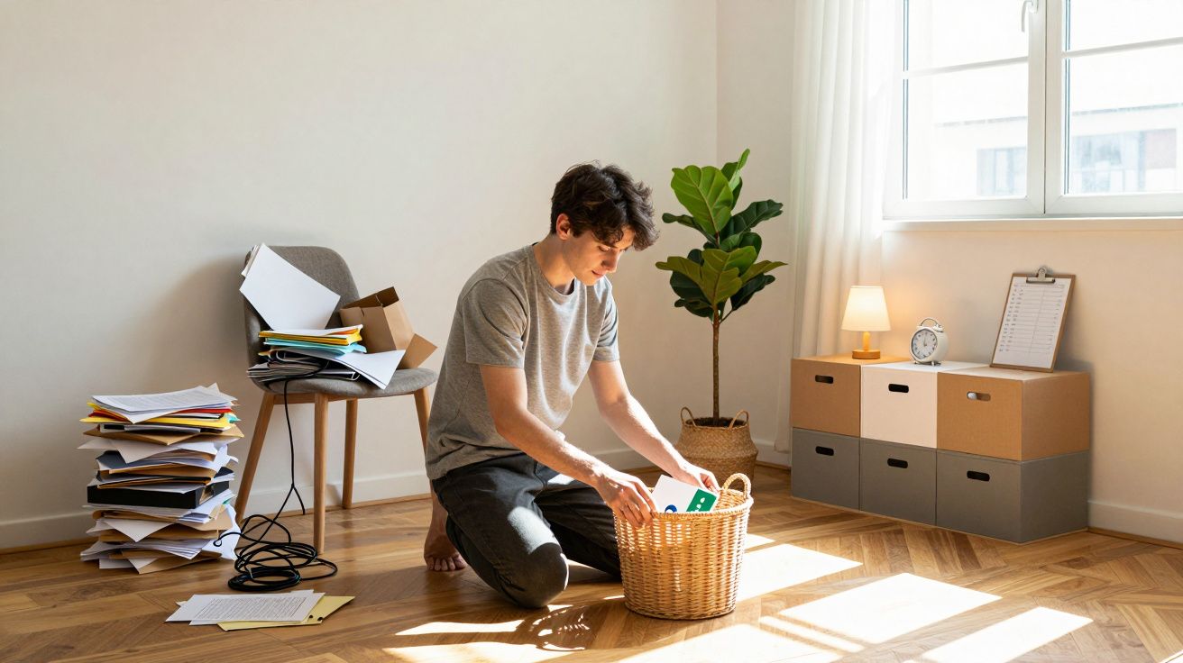 Homem organiza documentos em cesta em ambiente iluminado com pilhas de papéis e móveis ao fundo.