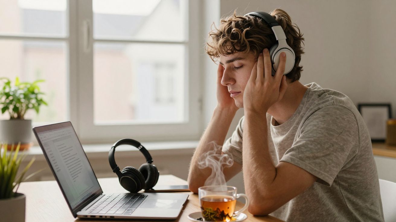 Jovem com fones de ouvido em escritório, laptop aberto e xícara de chá fumegante na mesa.