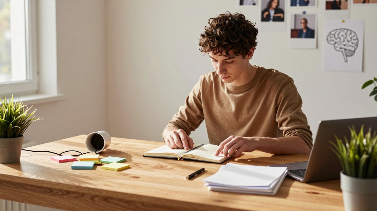 Jovem concentrado estudando em mesa com bloco de notas, laptop, plantas e materiais de escritório.