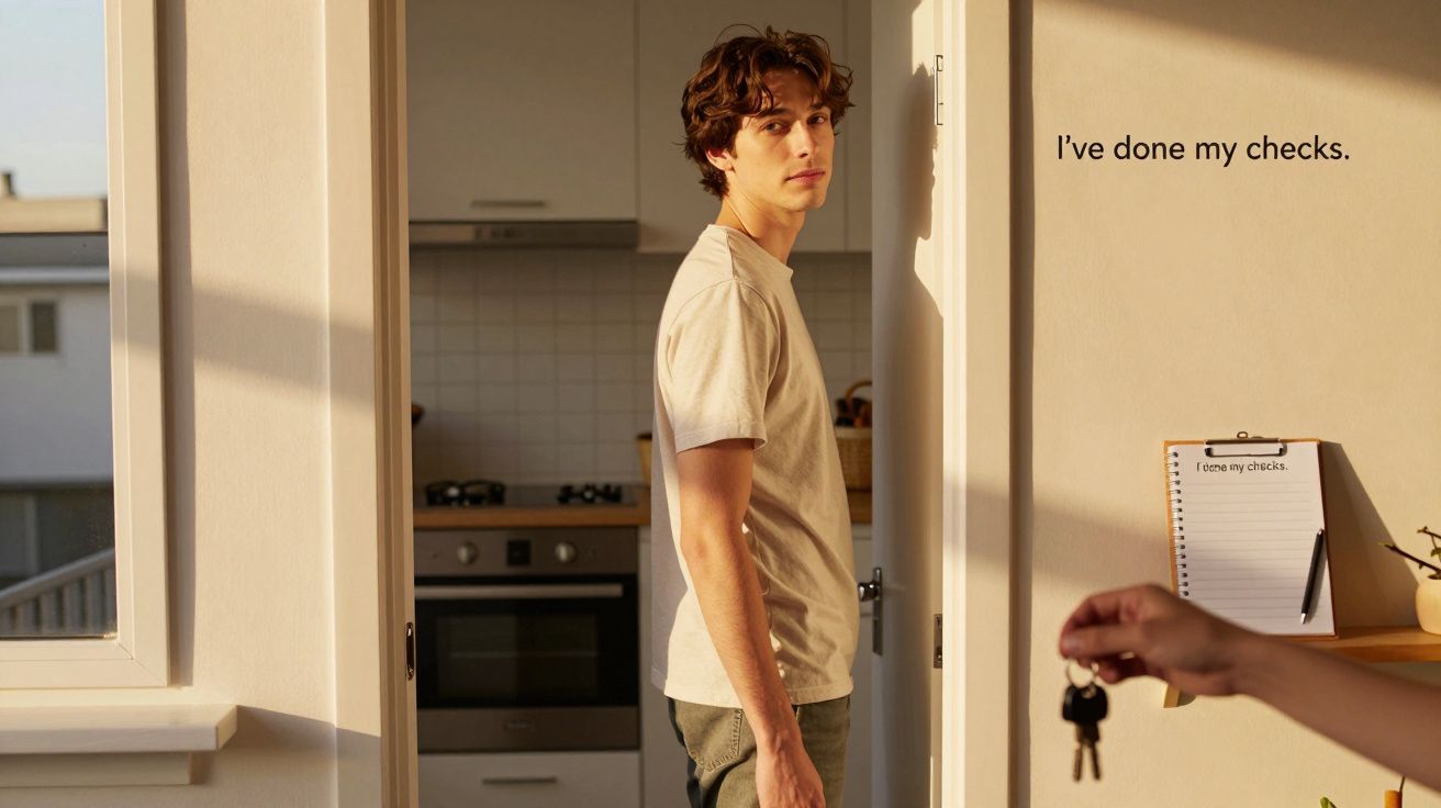 Jovem de camiseta clara em porta de cozinha, mão segurando chaves à frente, texto "I've done my checks." na parede.