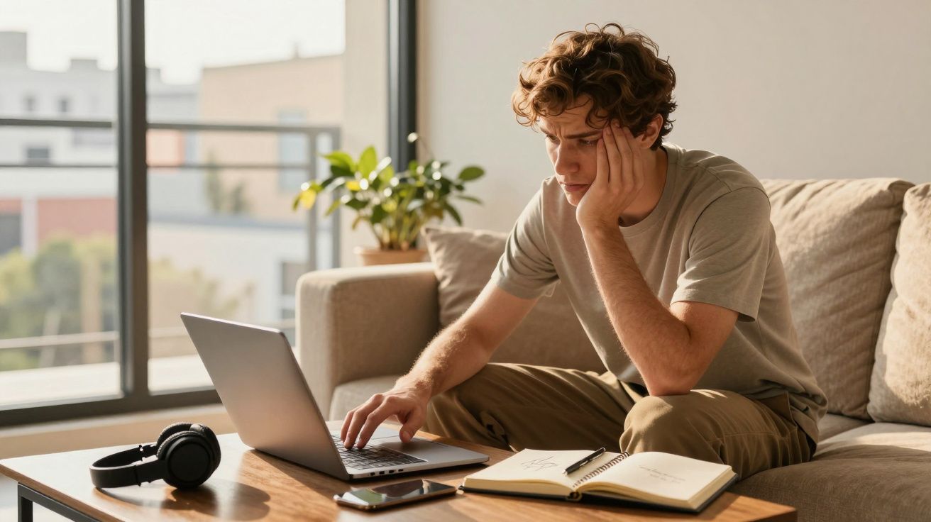 Jovem sentado no sofá usando laptop, com fones, celular e caderno sobre a mesa de madeira.