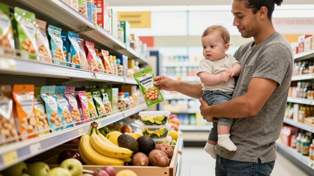 Homem segurando bebê escolhe pacote de castanhas em supermercado na seção de frutas e snacks.