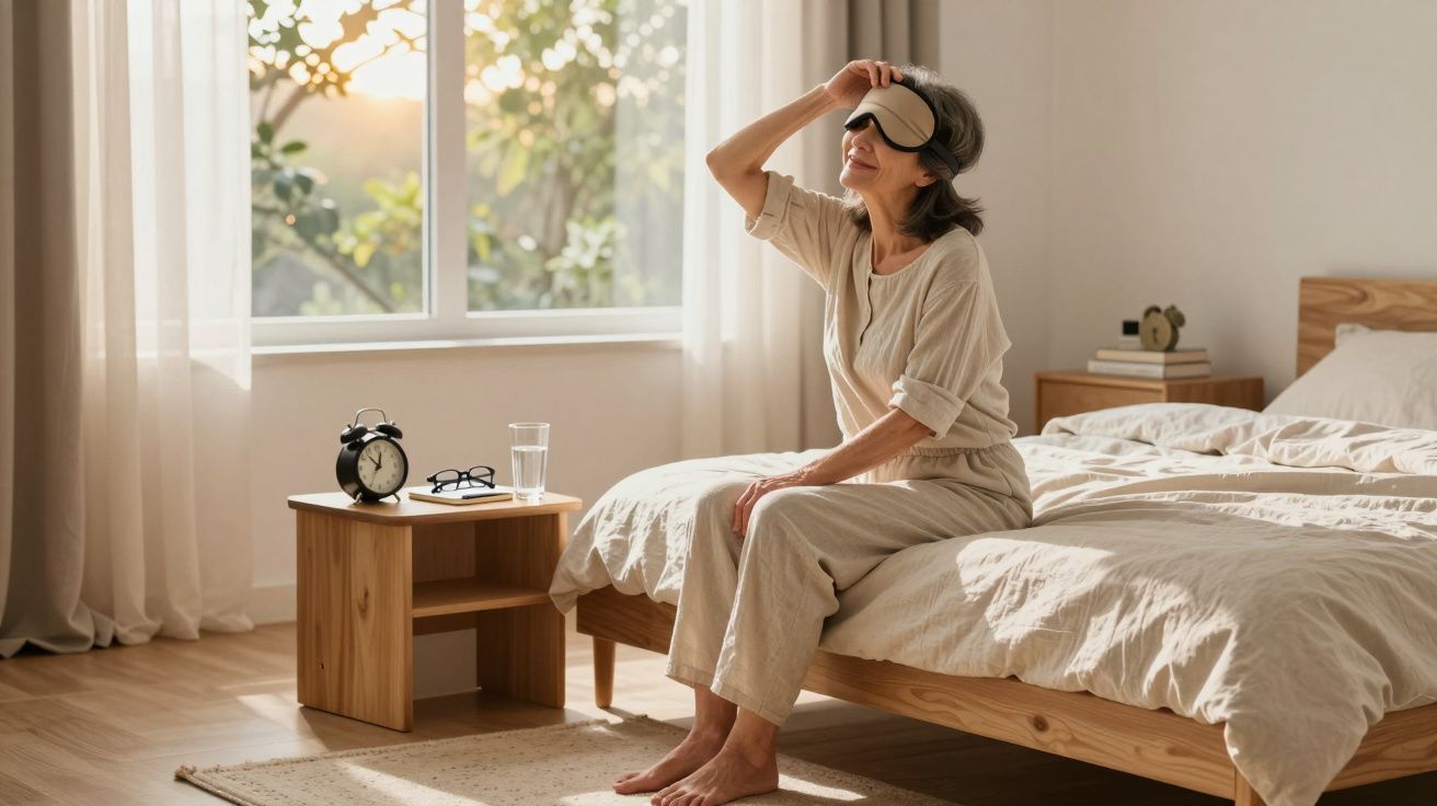 Mulher sentada na beira da cama com faixa de dormir na cabeça, em quarto iluminado pela manhã.