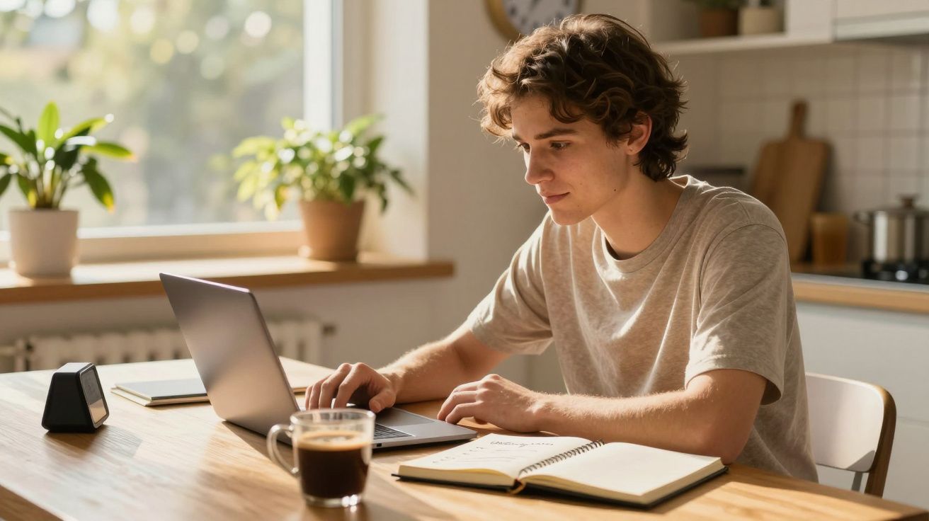 Jovem sentado à mesa em cozinha iluminada, usando laptop com caderno aberto e café à frente.