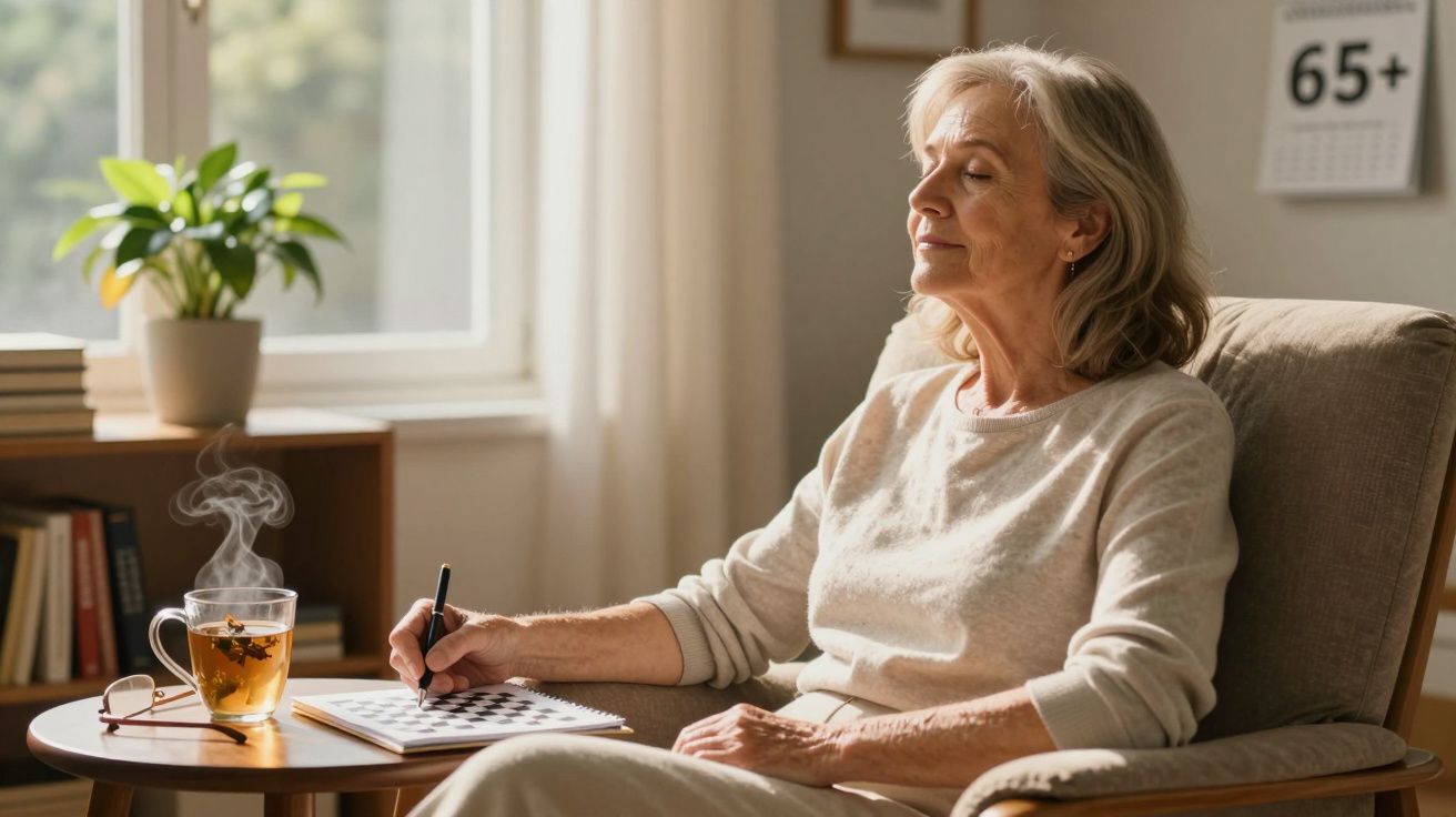 Mulher idosa sentada em poltrona escrevendo em caderno com chá quente em mesa ao lado, ambiente tranquilo.
