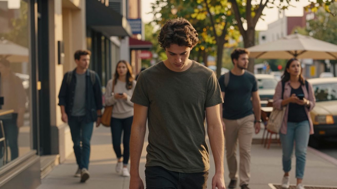 Jovem vestido com camiseta verde caminhando cabisbaixo na calçada de uma rua movimentada.