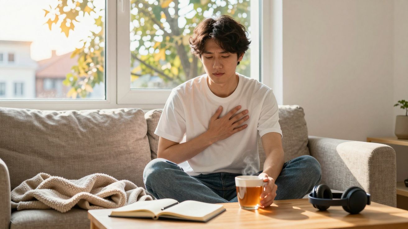 Homem jovem sentado no sofá com mão no peito, segurando chá, ao lado de livro e fones de ouvido.