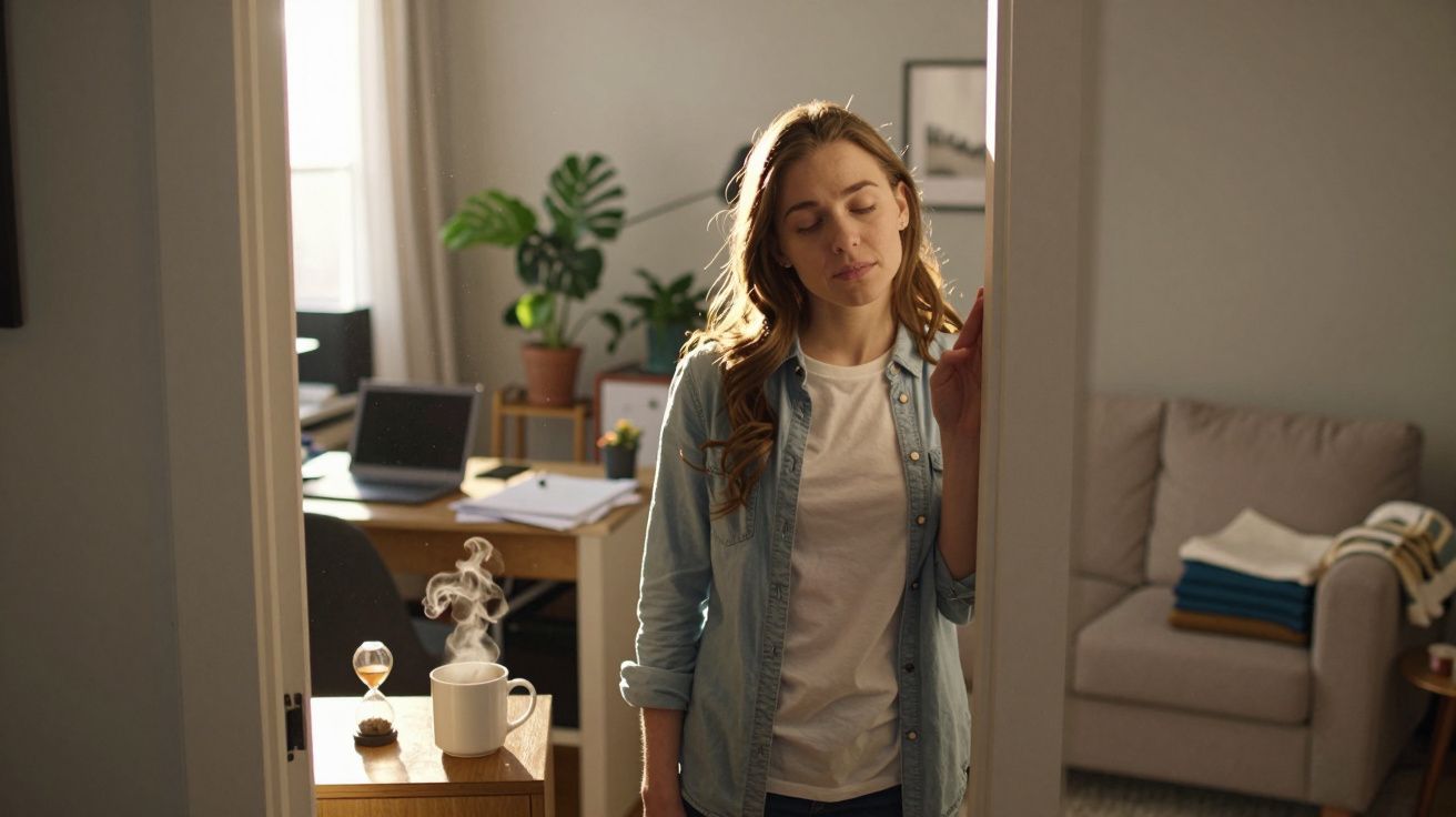 Mulher cansada encostada na parede em ambiente iluminado, com xícara fumegante e computador ao fundo.