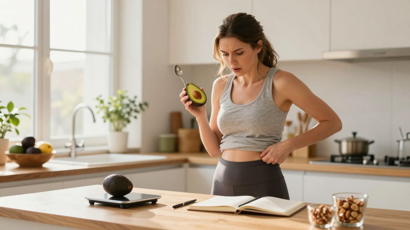 Mulher na cozinha segurando um abacate cortado, com expressão de incômodo e olhando para a barriga.