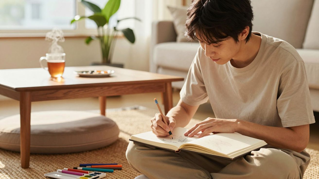 Pessoa sentada no chão desenhando em caderno próximo a mesa com chá em ambiente iluminado e acolhedor.