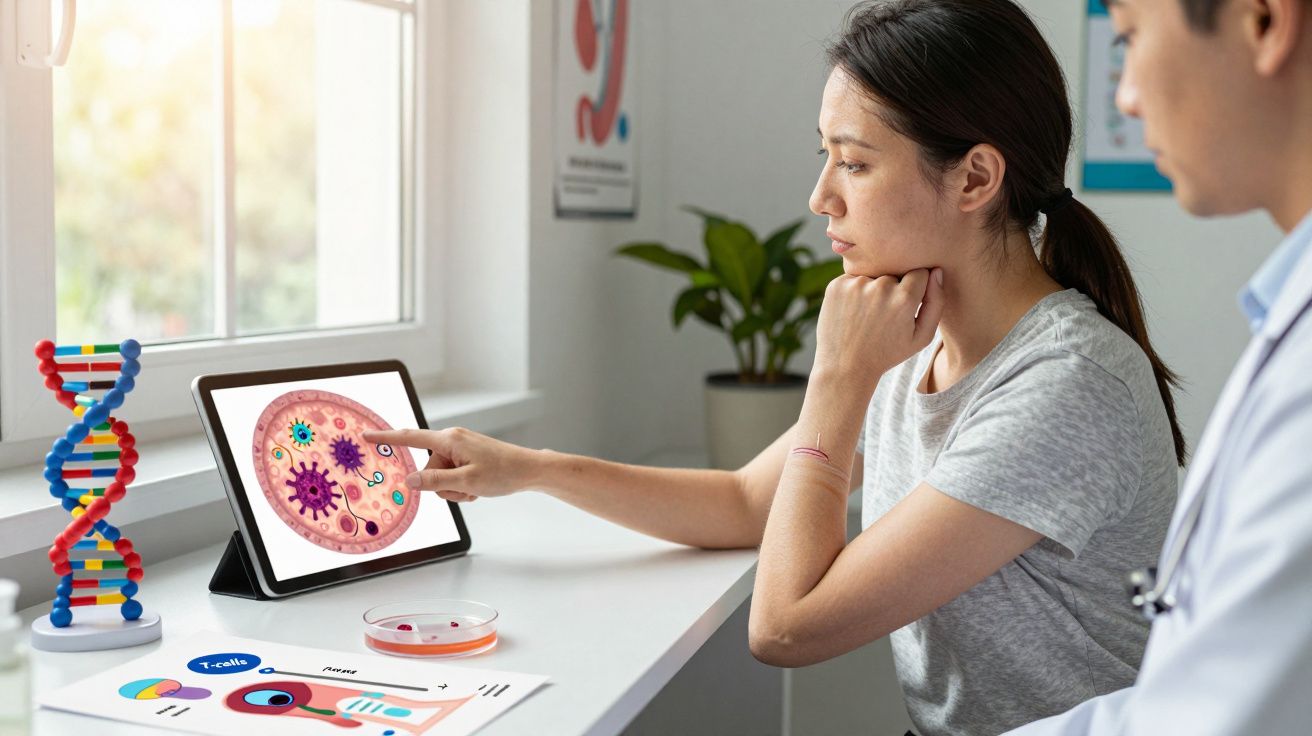 Paciente aponta para imagem de vírus em tablet durante consulta médica com doutor em ambiente clínico.