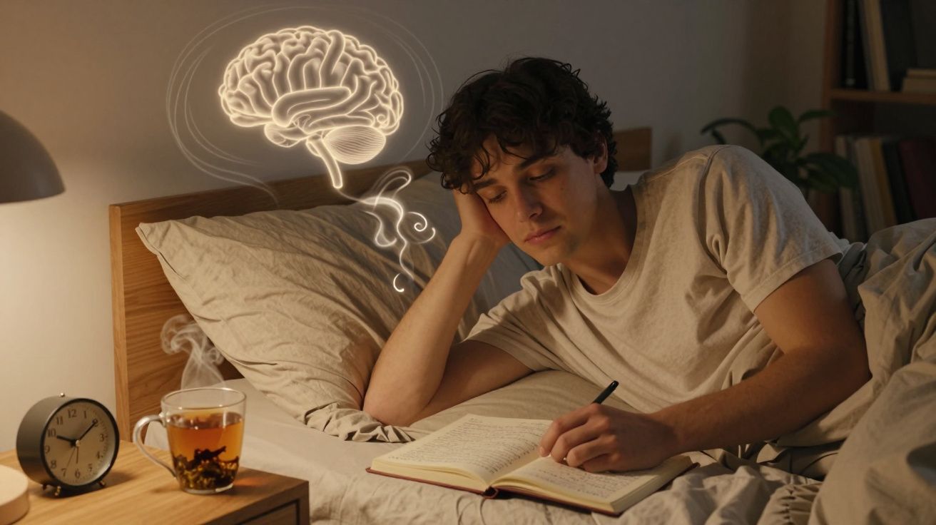 Homem deitado na cama escrevendo em caderno, com ilustração de cérebro flutuando ao lado da cabeça.
