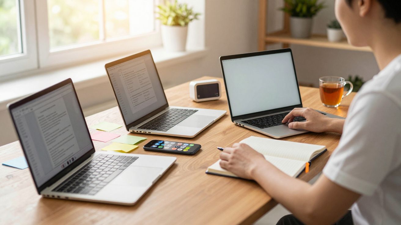 Pessoa trabalhando em mesa com três notebooks, caderno, celular, copo de chá e relógio digital perto da janela.