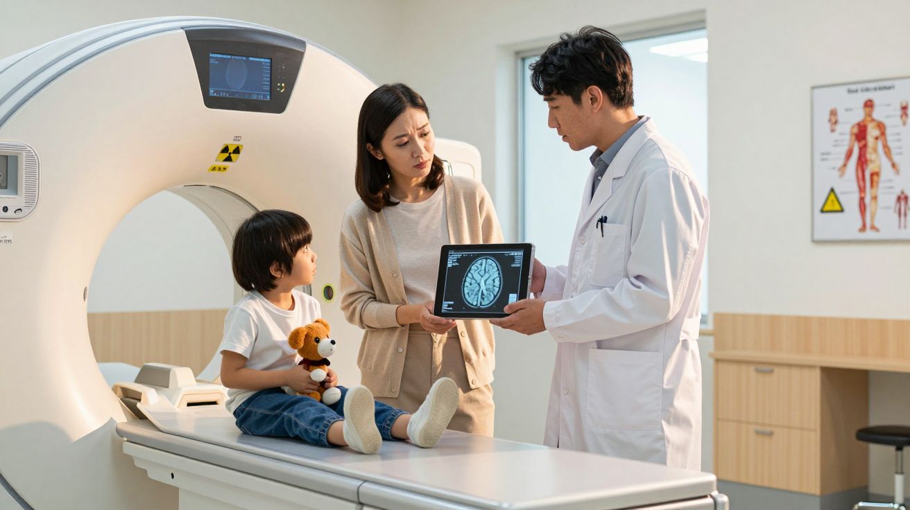 Médico mostra exame de cérebro para mãe com criança sentada em mesa de tomografia.