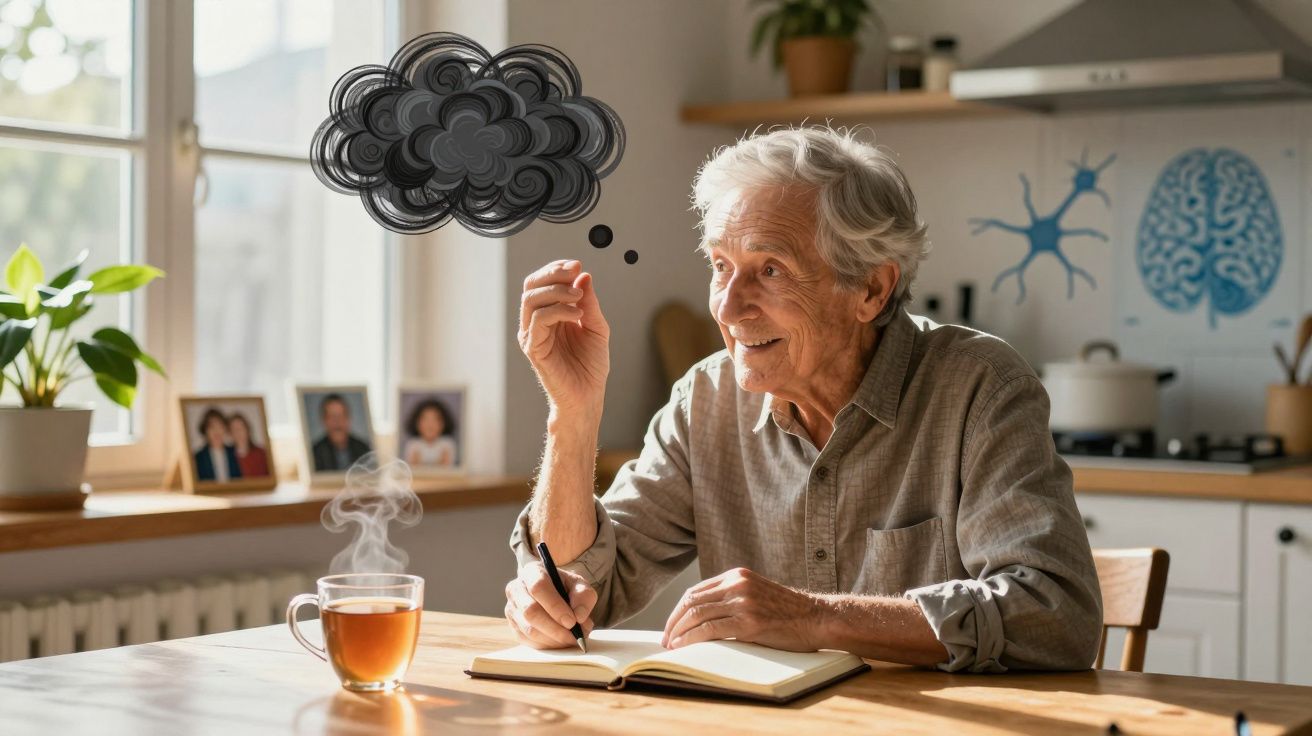Idoso sentado à mesa escrevendo em caderno, com nuvem negra de pensamento acima da cabeça, em cozinha iluminada.