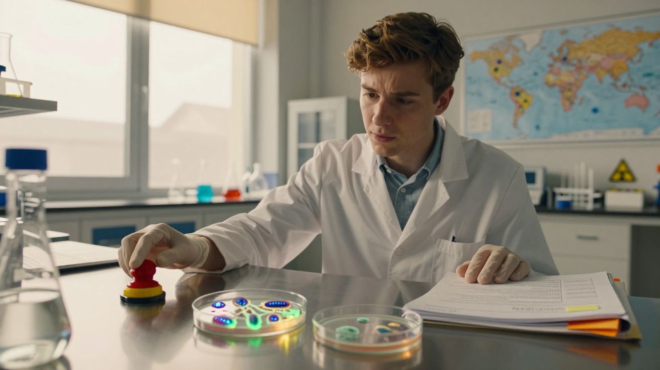 Jovem cientista em jaleco branco trabalhando com placas de Petri coloridas em laboratório iluminado.