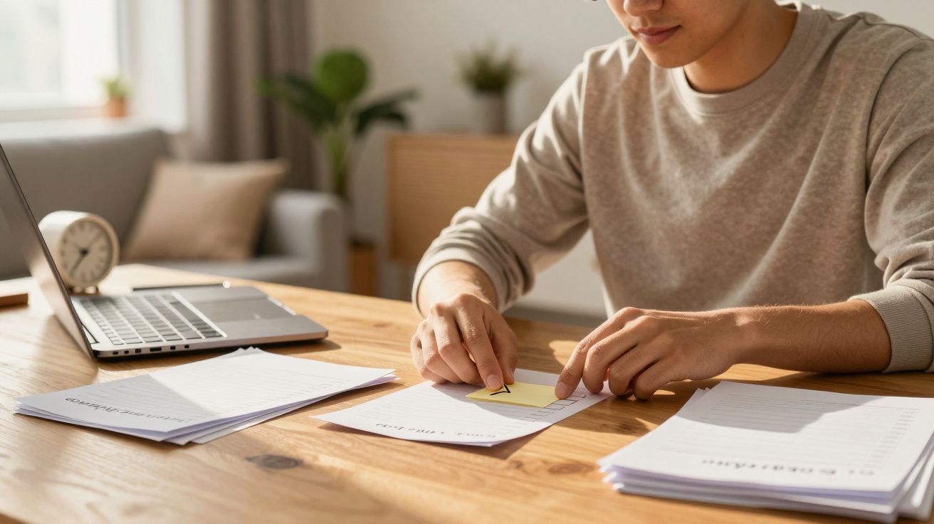 Pessoa sentada em mesa de madeira organizando documentos com laptop ao lado em ambiente de escritório iluminado.