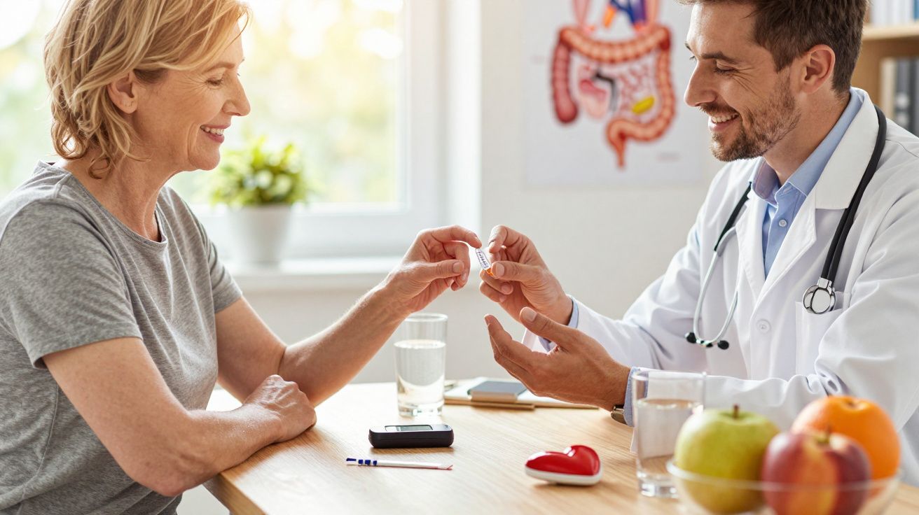 Paciente recebe orientação médica sobre medicação em consulta com médico em clínica.