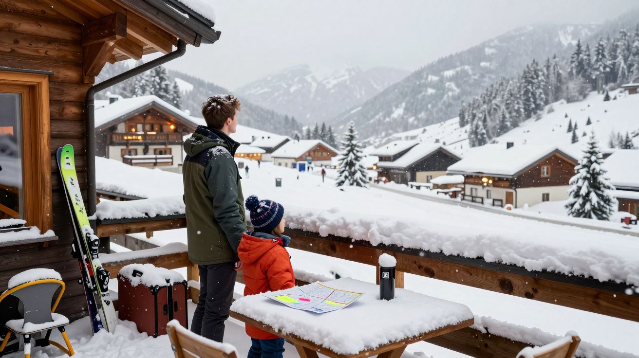 Homem e criança de casacos observam vila coberta de neve em varanda de chalé de madeira na montanha.