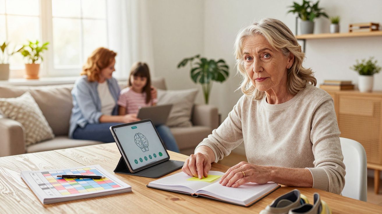 Mulher idosa estudando em mesa com tablet aberto e duas pessoas ao fundo no sofá da sala.