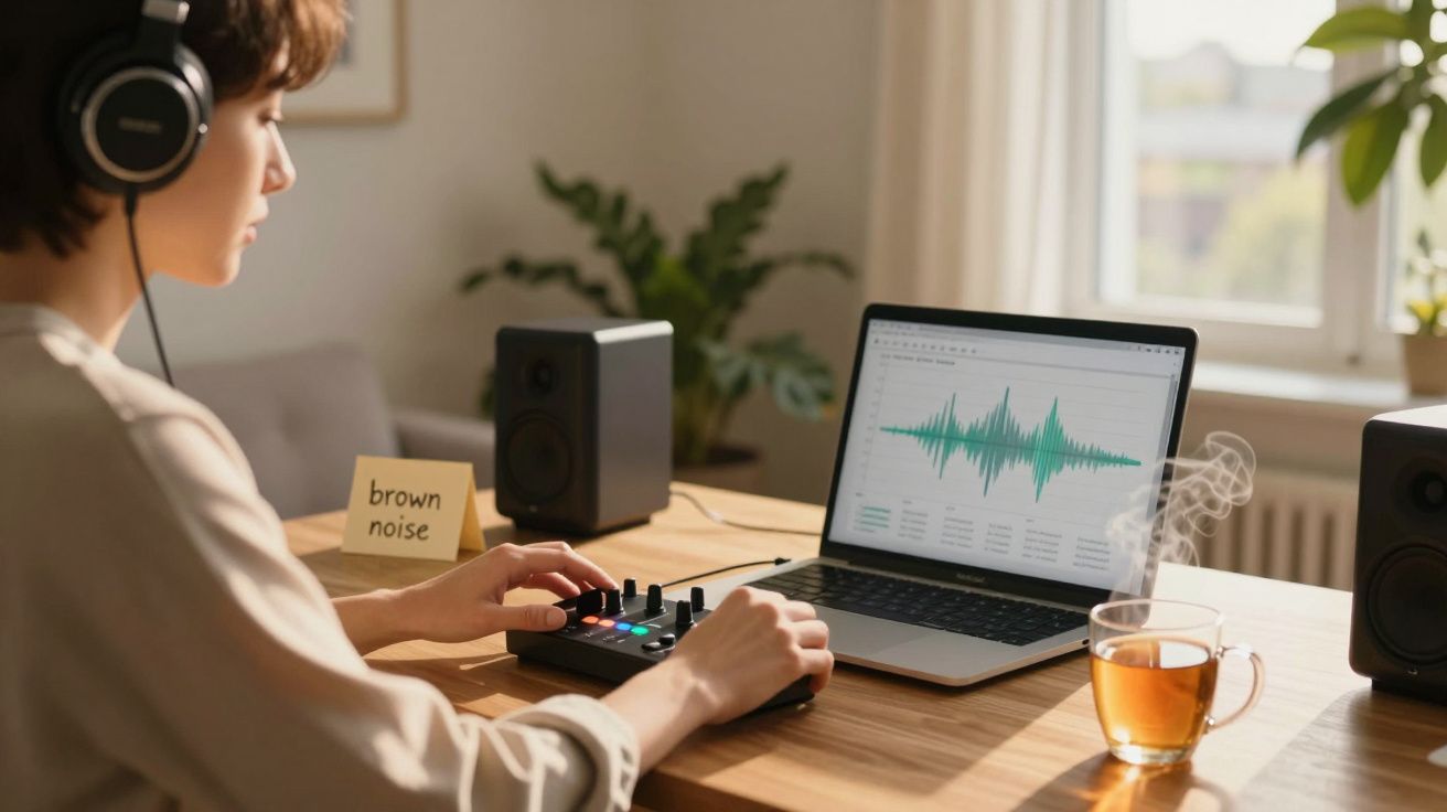 Pessoa com fones de ouvido ajustando equipamento de áudio ao lado de laptop com gráfico de ondas sonoras e xícara de chá.