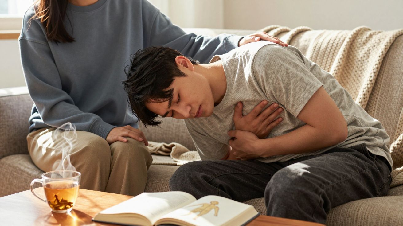 Jovem homem sentado no sofá segurando o peito com expressão de dor, mulher o confortando ao lado.