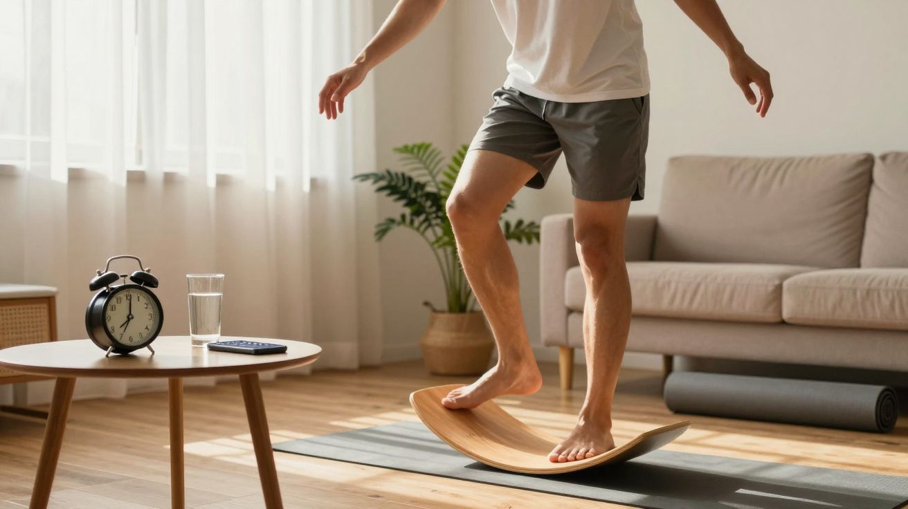 Pessoa equilibrando-se em prancha de equilíbrio em sala iluminada com sofá, planta e mesa com despertador e copo d'água.