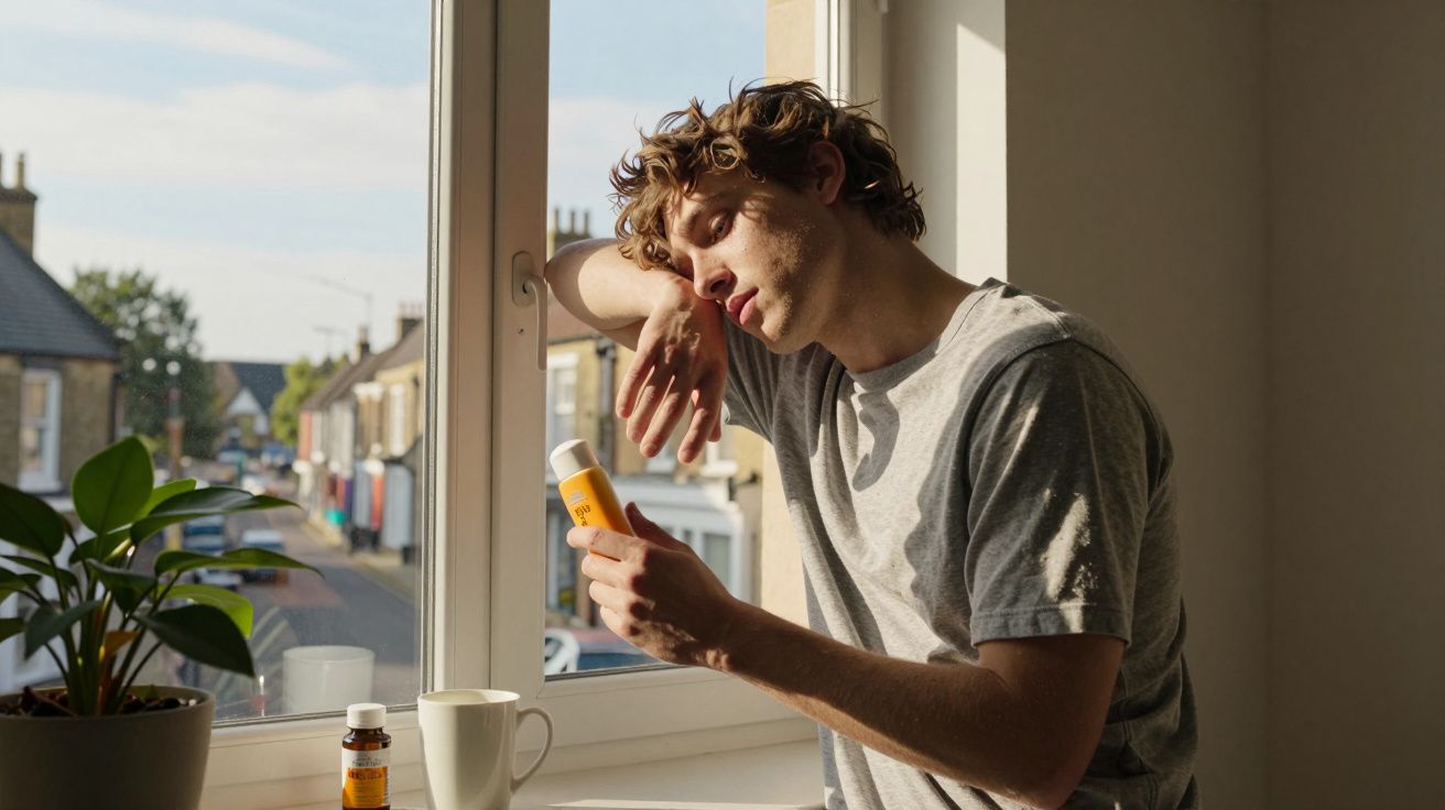 Jovem sentado perto da janela lendo rótulo de medicamento com garrafas e planta ao lado.