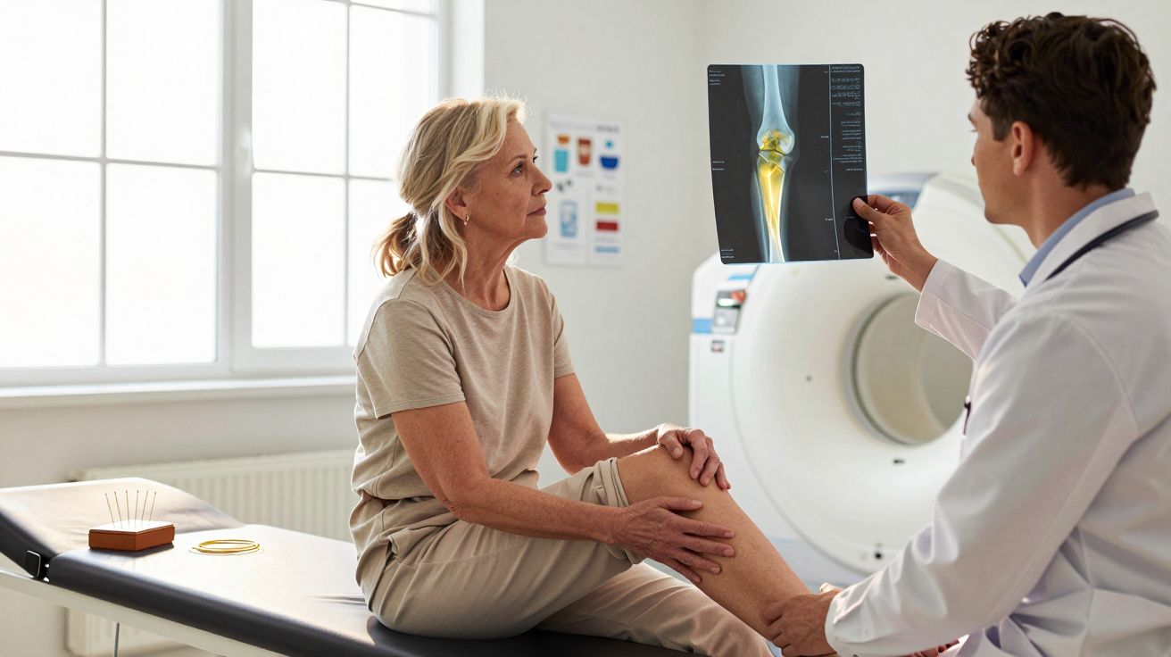 Médico mostra raio-x do joelho para mulher idosa sentada em maca, em consultório médico iluminado.