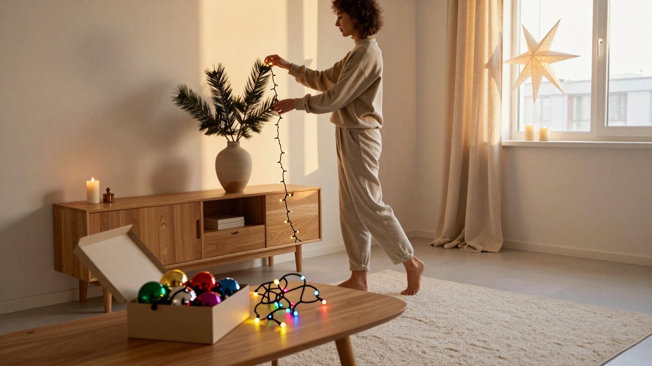 Pessoa decorando vaso com galhos de árvore usando pisca-pisca em sala iluminada por luz natural.