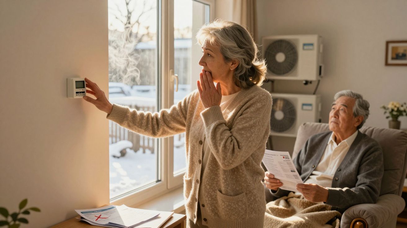 Mulher idosa ajusta termostato enquanto homem idoso lê conta em sala com neve na janela.