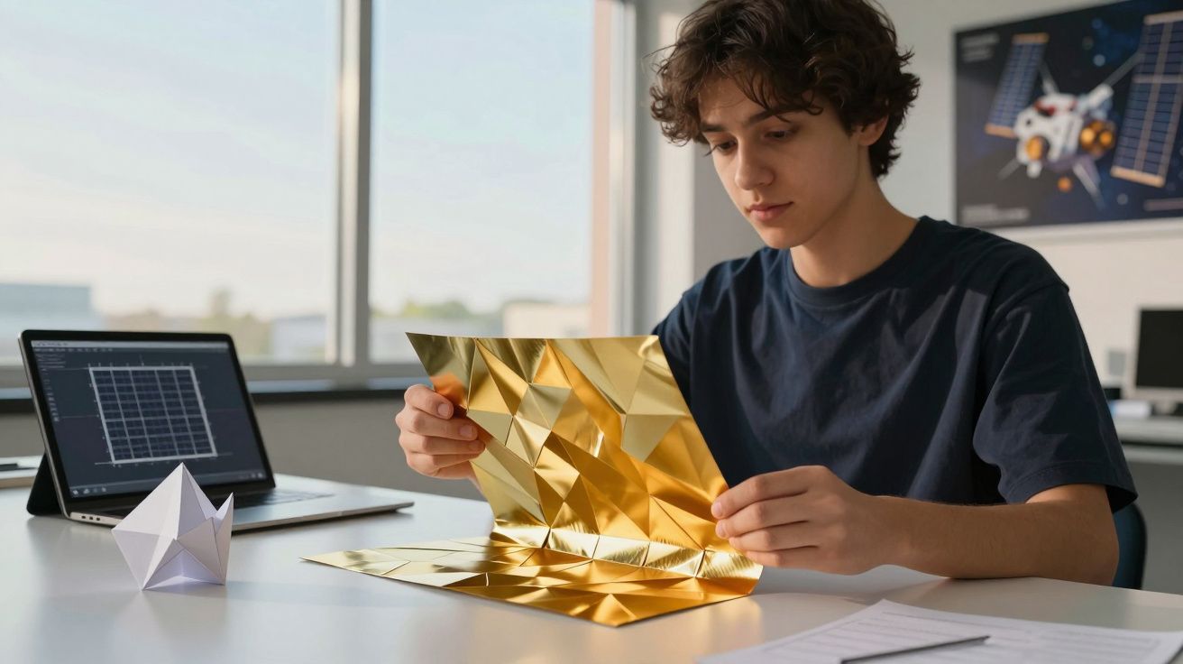 Jovem analisa folha dourada com padrão geométrico em mesa branca, com tablet e papéis ao fundo.