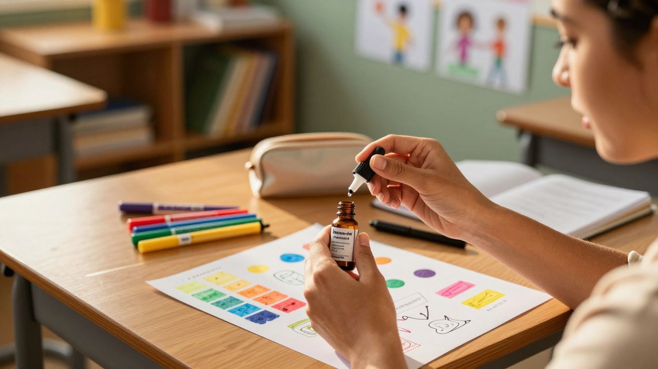 Pessoa segurando frasco com conta-gotas sobre mesa com papel colorido e canetas em sala de aula.