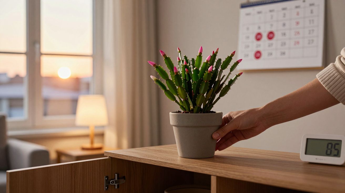 Pessoa colocando vaso com planta suculenta de flores rosas sobre móvel em ambiente com calendário e despertador digital.