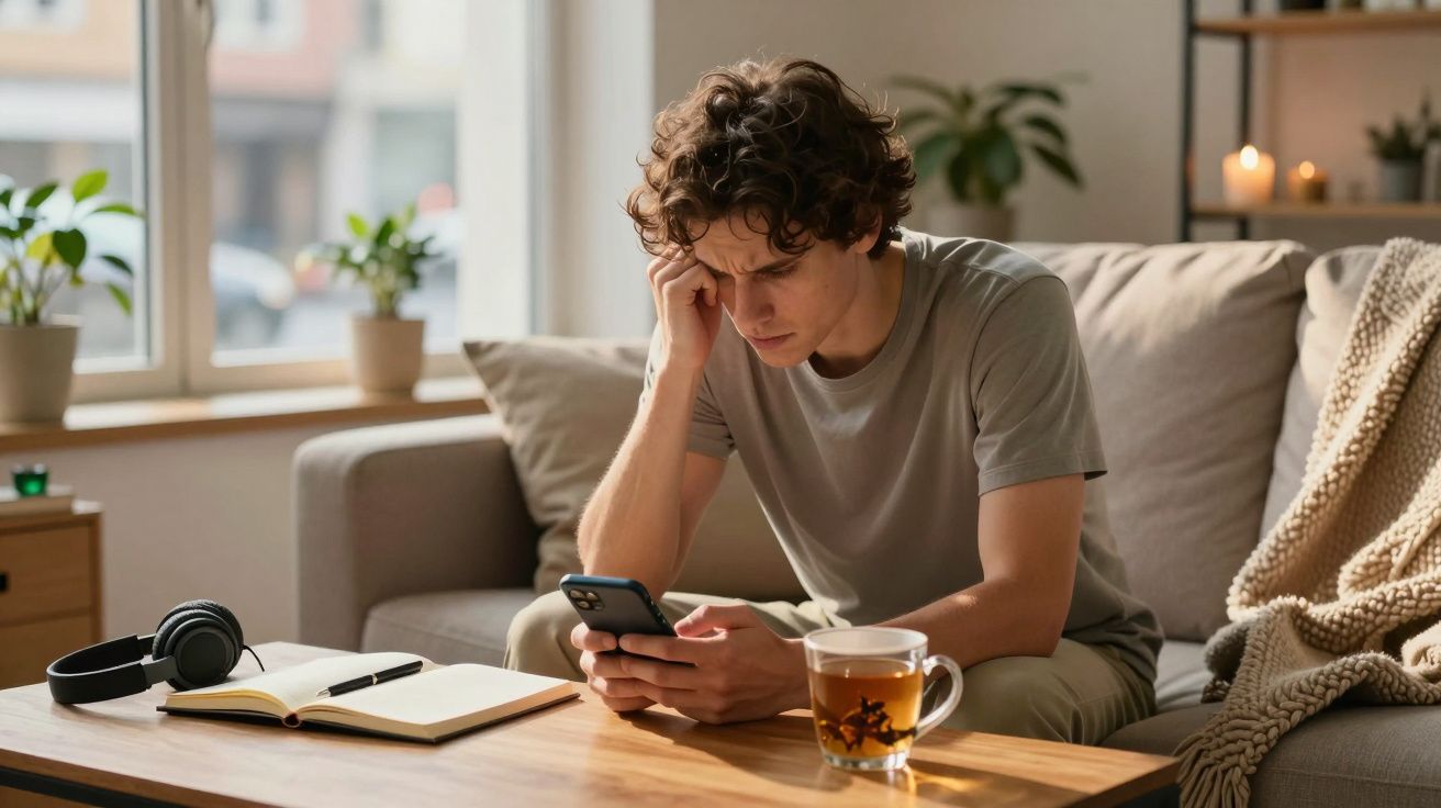 Jovem sentado no sofá olhando preocupado para o celular, com chá, fones, caderno e caneta na mesa.