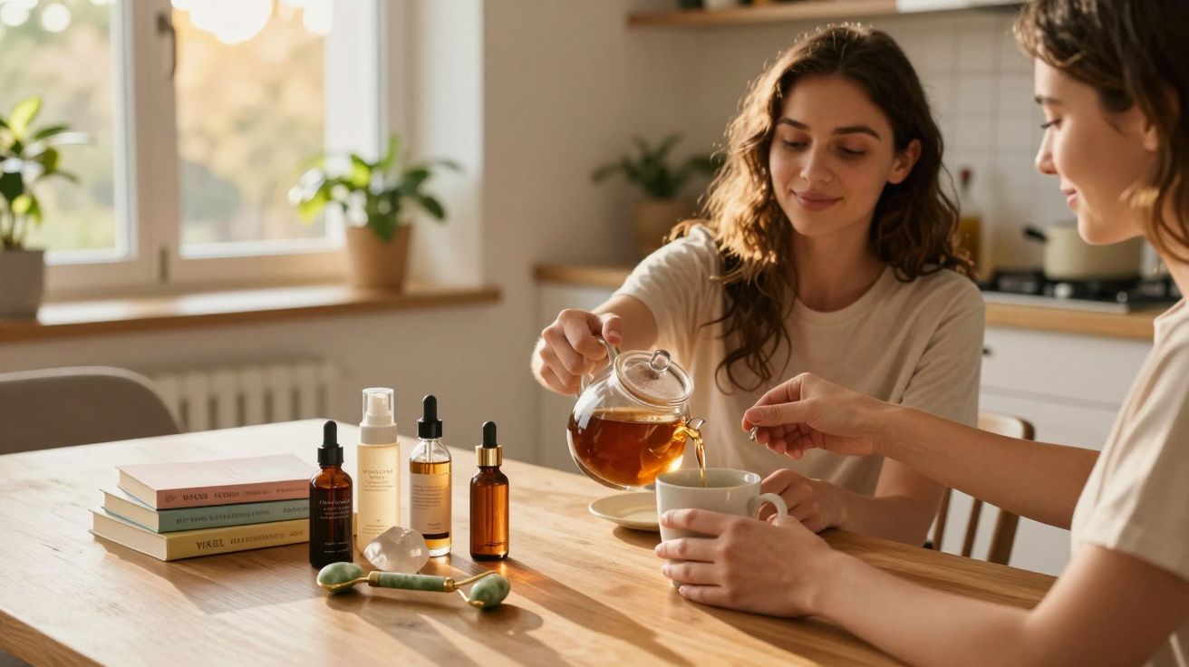 Duas mulheres sentadas à mesa, uma servindo chá para outra, com frascos e livros sobre cuidados naturais.