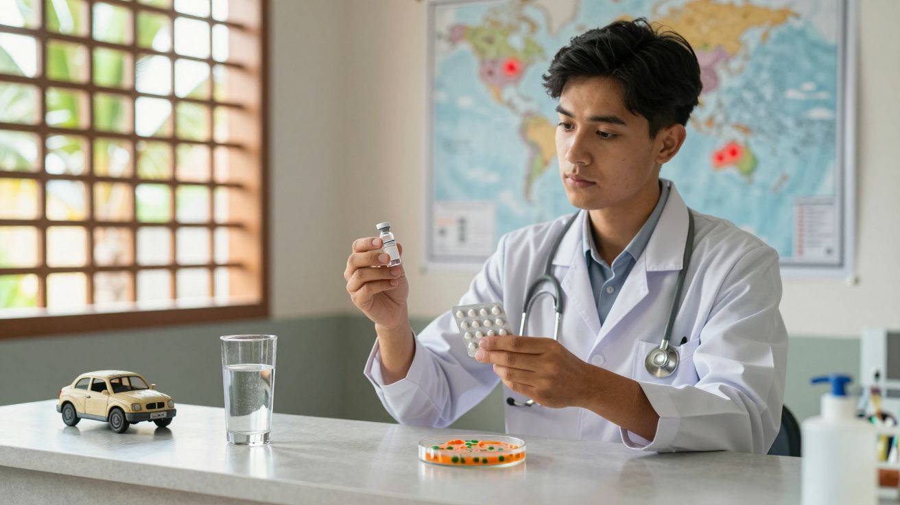 Médico jovem segurando remédios e sentado em mesa com copo de água, mapa e brinquedo de carro ao fundo.