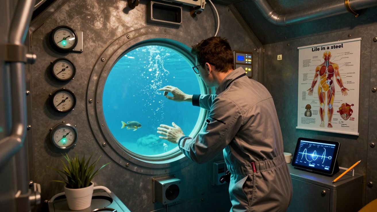Homem em traje cinza observa peixes através da janela redonda de um submarino com equipamentos ao redor.