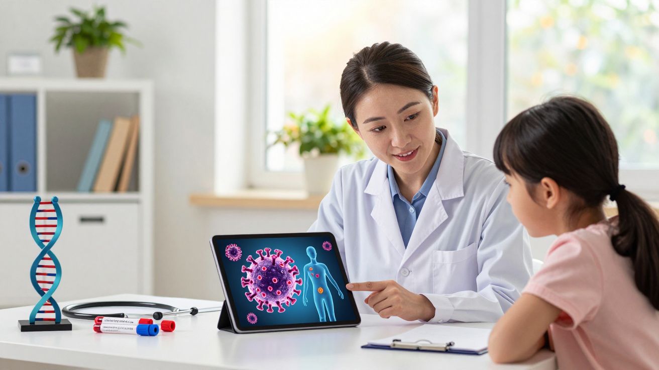 Médica explicando a uma criança os efeitos do vírus no corpo usando imagem digital em tablet.