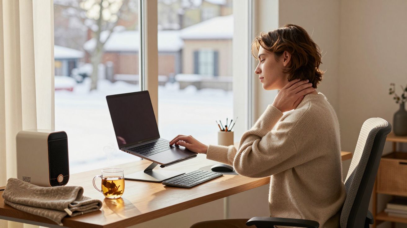Mulher com suéter bege sentada em mesa de madeira perto da janela, massageando o pescoço, com laptop à sua frente.
