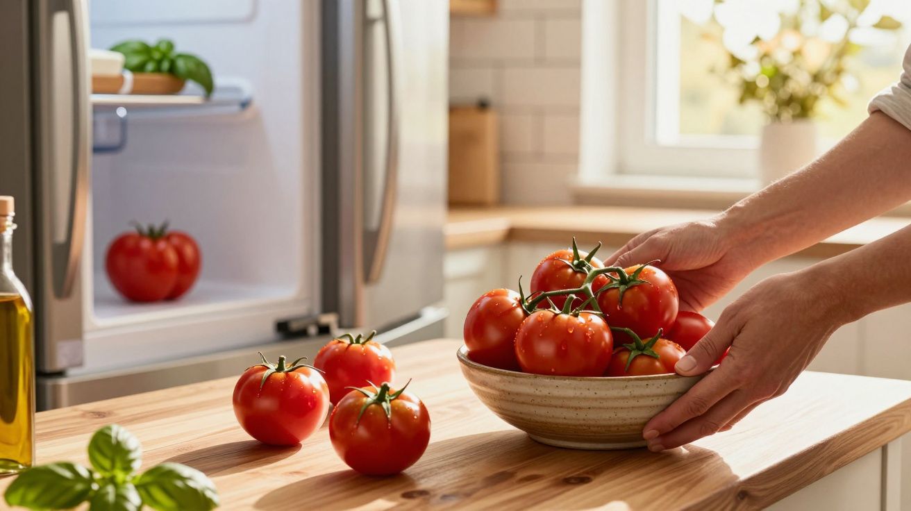 Pessoas colocando tomates frescos em uma tigela sobre uma bancada de cozinha clara e moderna.