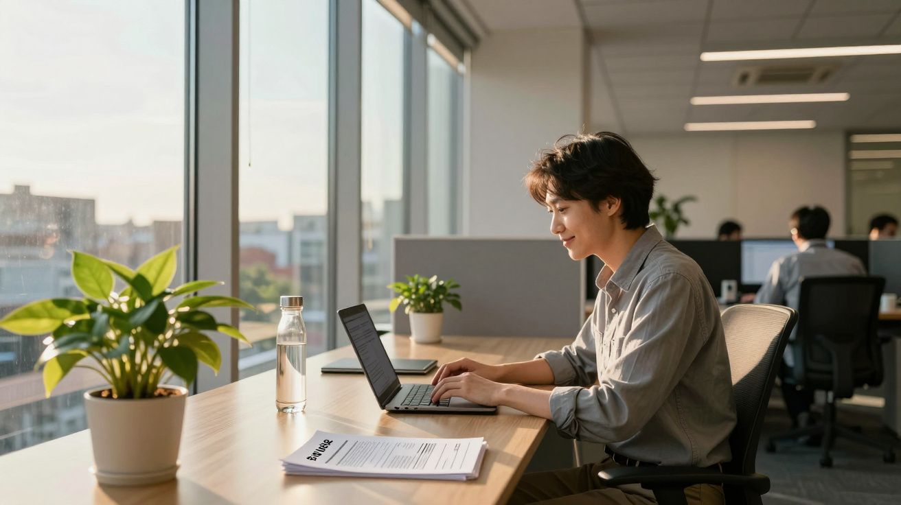Pessoa trabalhando em laptop próxima à janela com plantas e água em um escritório moderno.