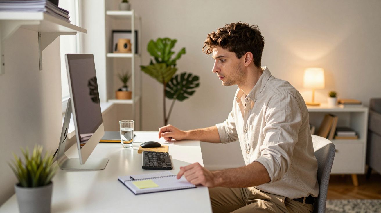 Jovem trabalhando em computador desktop em ambiente claro e organizado, com caderno e copo d'água na mesa.
