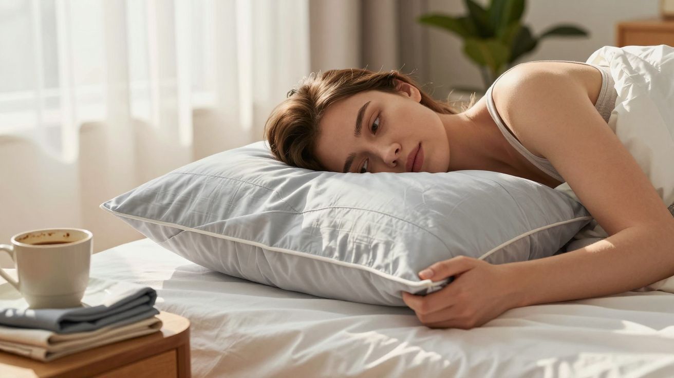 Mulher deitada na cama apoiando a cabeça em um travesseiro cinza em ambiente iluminado e acolhedor.