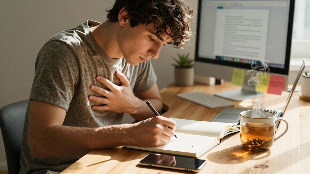 Homem sério escrevendo em caderno à mesa com computador, xícara de chá e celular ao lado.