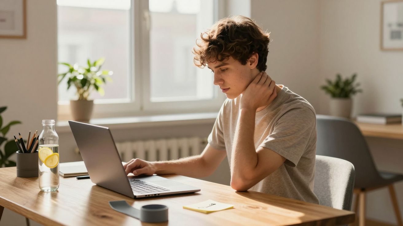 Jovem sentado à mesa usando laptop, ambiente claro com plantas e garrafa de água com limão.