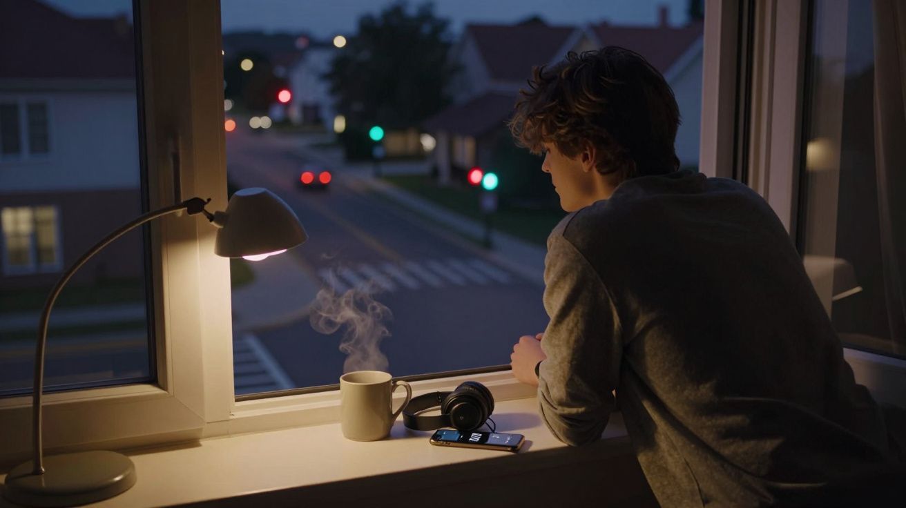 Jovem olhando pela janela à noite, com caneca fumegante, fone de ouvido e celular na janela.