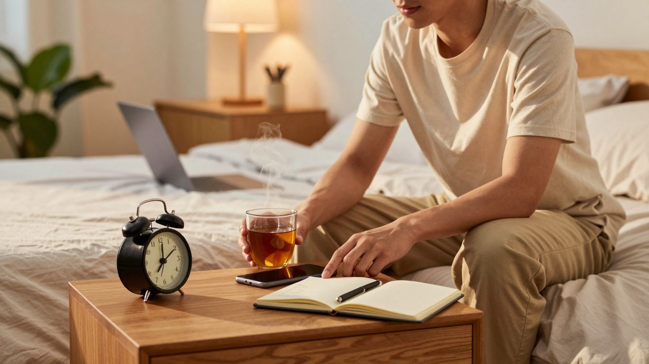 Pessoa sentada na cama com chá, caderno aberto, celular e relógio em mesa de cabeceira.