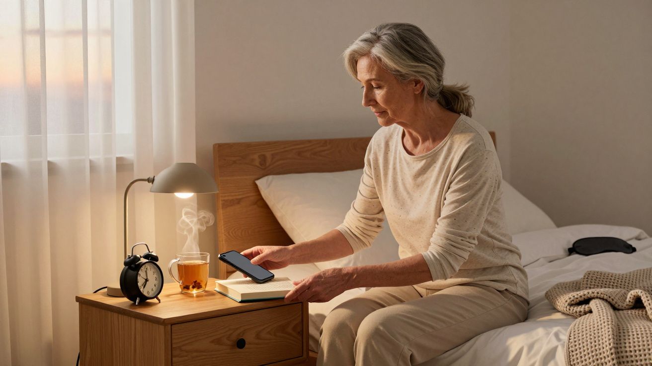 Mulher madura sentada na cama, segurando celular, com chá quente e relógio em mesa de cabeceira.