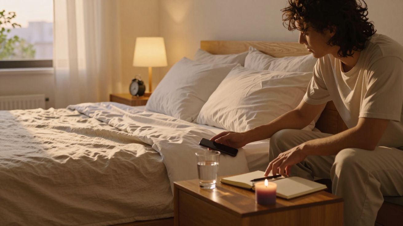 Pessoa sentada ao lado da cama ligando uma vela em quarto com iluminação suave e decoração minimalista.